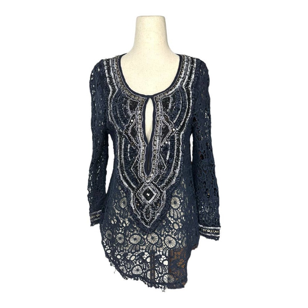 Calypso St Barth Crochet Sequin Tunic Swim Cover in Navy Blue